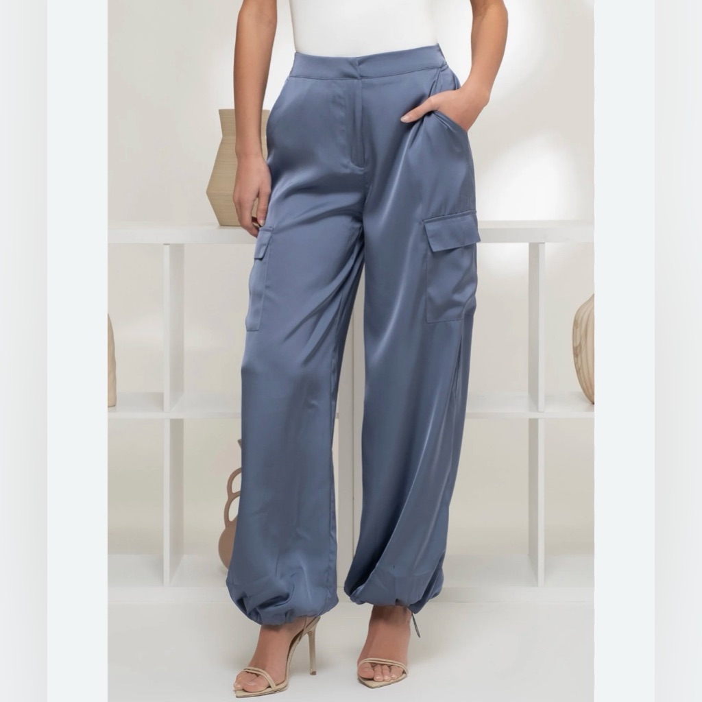 The Workshop High Waisted Women's Blue Satin Cargo Pants- Blue- Size Small